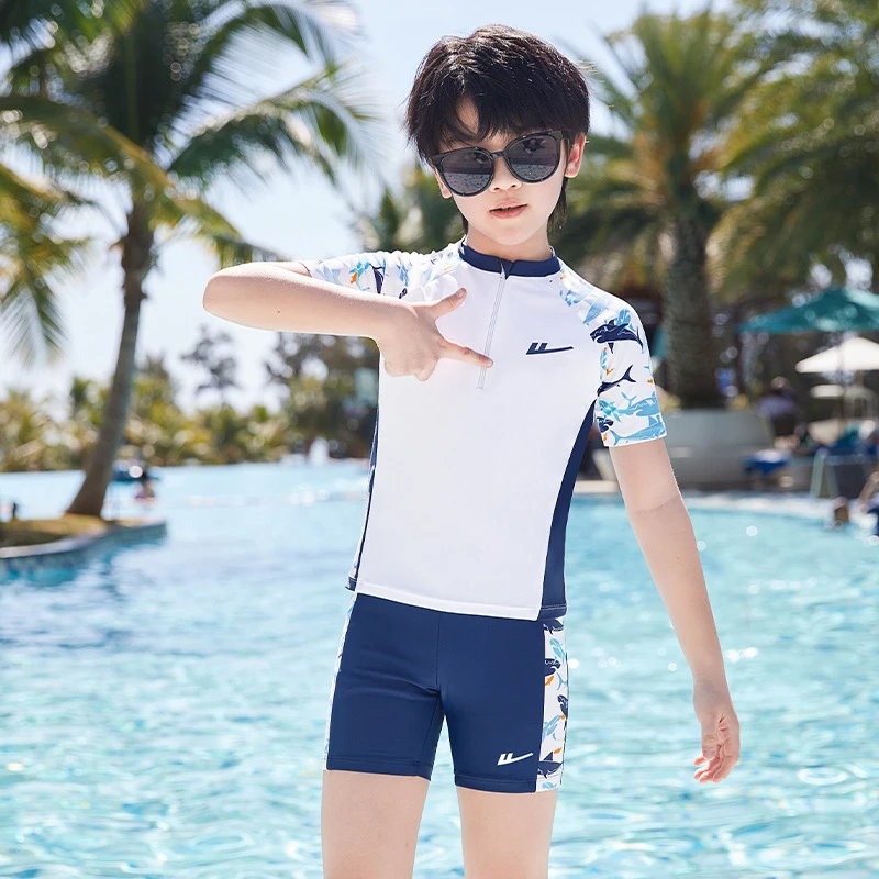

boys swimming suit kids swimwear 2 pieces swimsuit short sleeve beachwear summer bathing suit teens boxer bottom fast dry