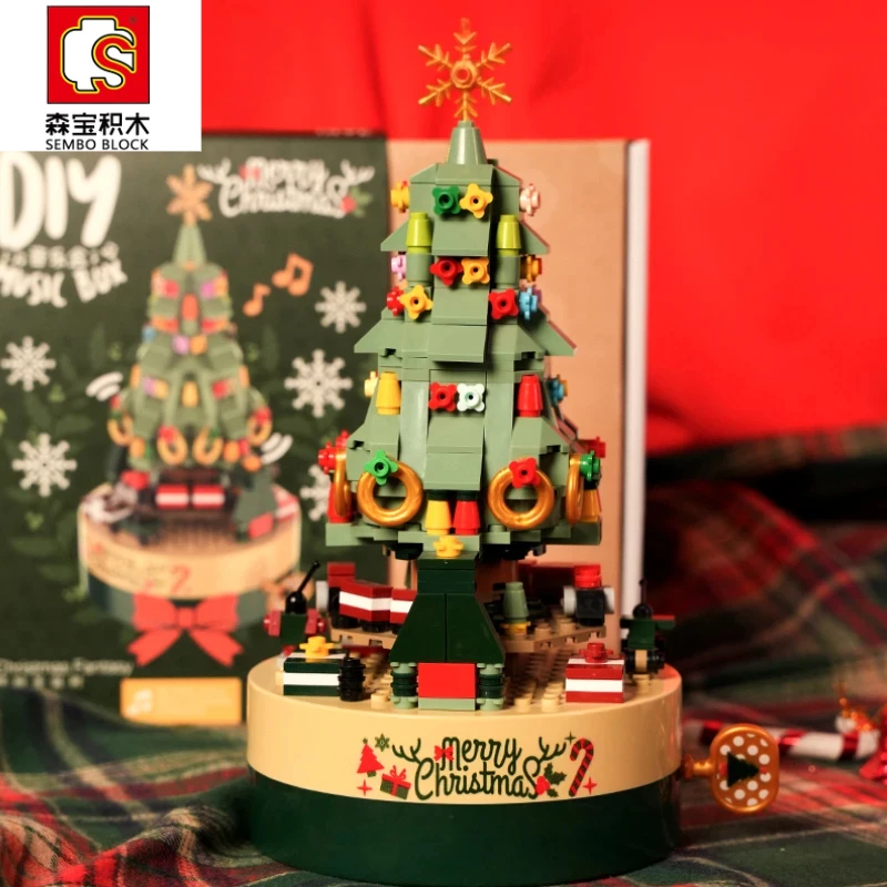 SEMBO New Building Blocks Christmas Tree Music Box Sled Sweet Gingerbread Room Decoration Ornaments Children's Puzzle Toys Gifts