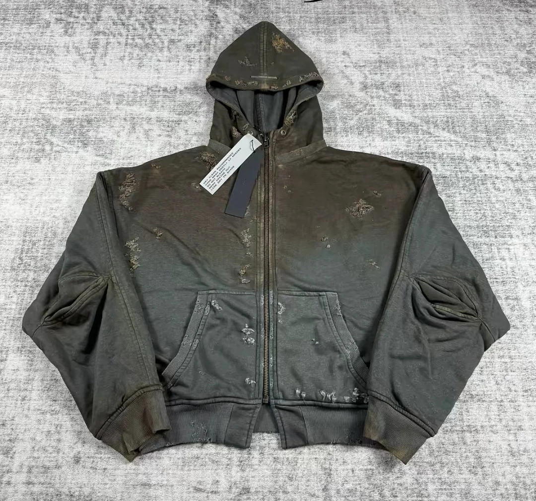 2026 LA Vintage gradient dirty-dyed distressed Women Men zip-up hoodie metal tag Heavy Cotton Men Oversized Hoodie Pullover