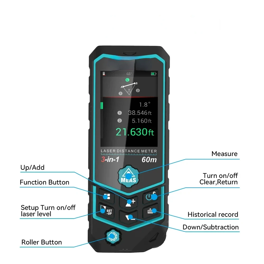 R2B 60M USB Charging 3 In 1 Multifunctional Laser Measurer Point To Point Laser Distance Meter With Roller Measurement