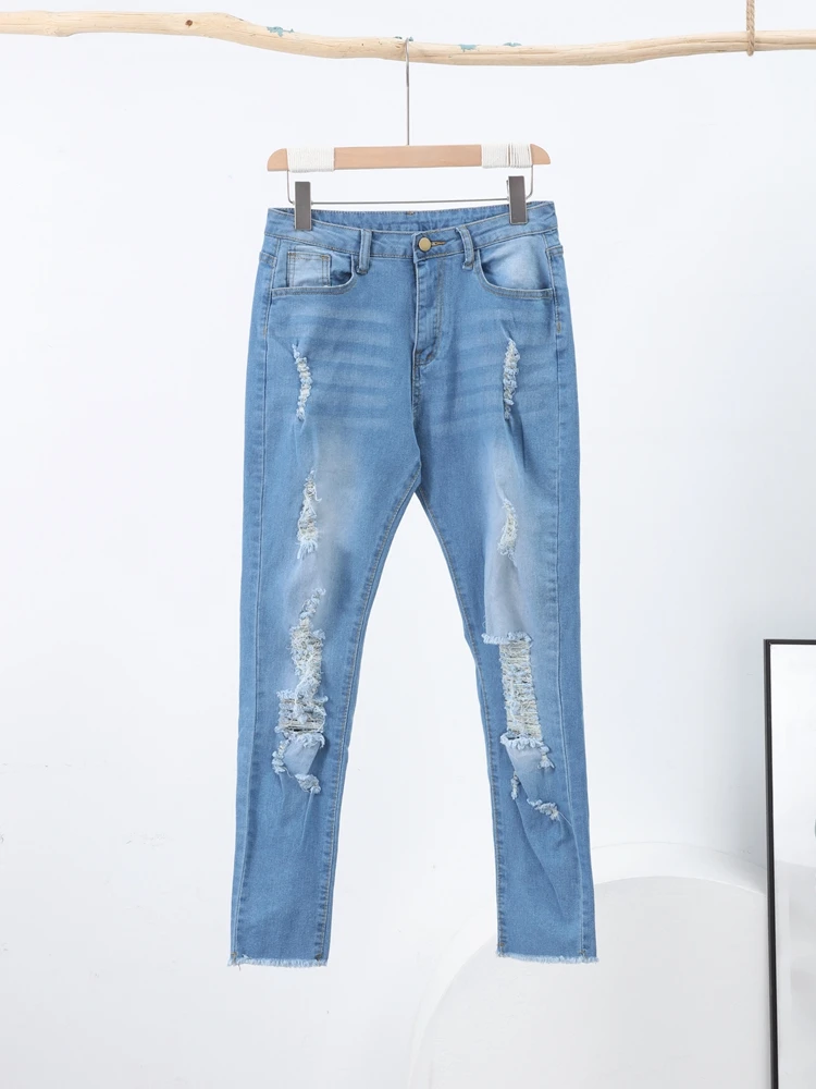 عادية الدينيم ضيق ممزق الجينز بانت المرأة خمر عالية الخصر مطاطا السراويل الطويلة سيدة الخريف موضة الشارع بنطلون التخليص