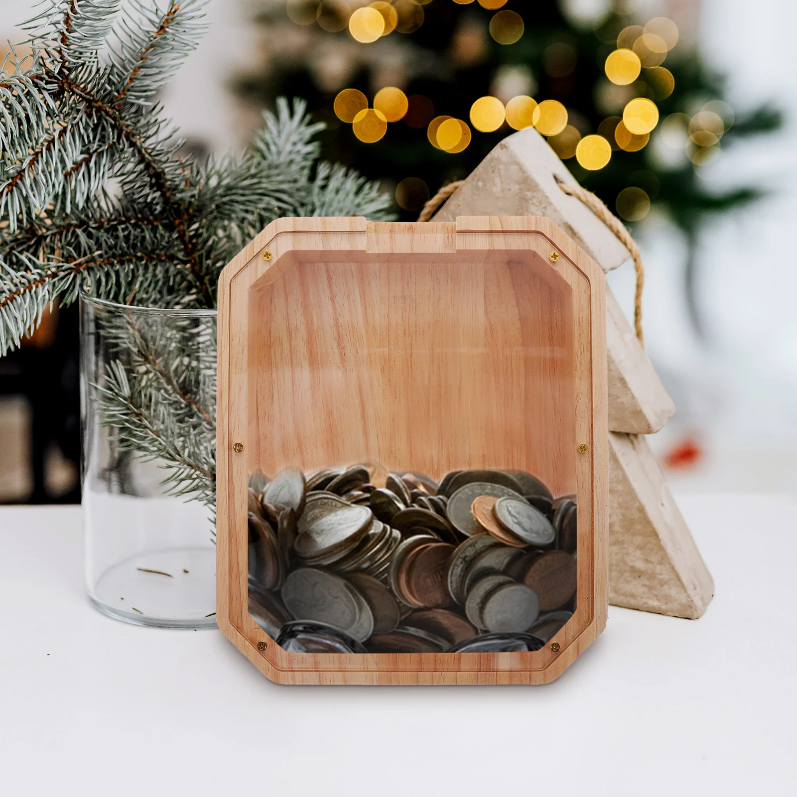 กระปุกออมสินไม้ใส สไตล์โมเดิร์นฟาร์มเฮาส์ พร้อมหน้าจอดิจิตอล สำหรับเด็ก ตกแต่งโต๊ะทำงาน ใส่เหรียญ