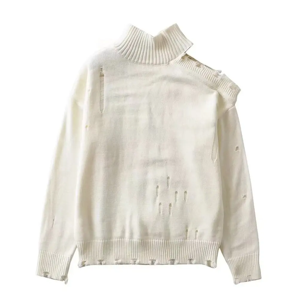 

Женский свитер с открытыми плечами и высоким воротом, модный осенне-зимний пуловер с рваными краями и длинными рукавами в европейском и американском стиле