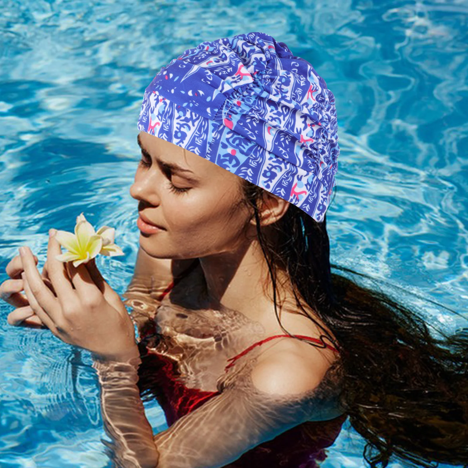 

Women Spa Pleated Comfortable Portable Hats Cap Long Hair Portable Cloth Swim Swim Caps For Girls Hats Safe Materials
