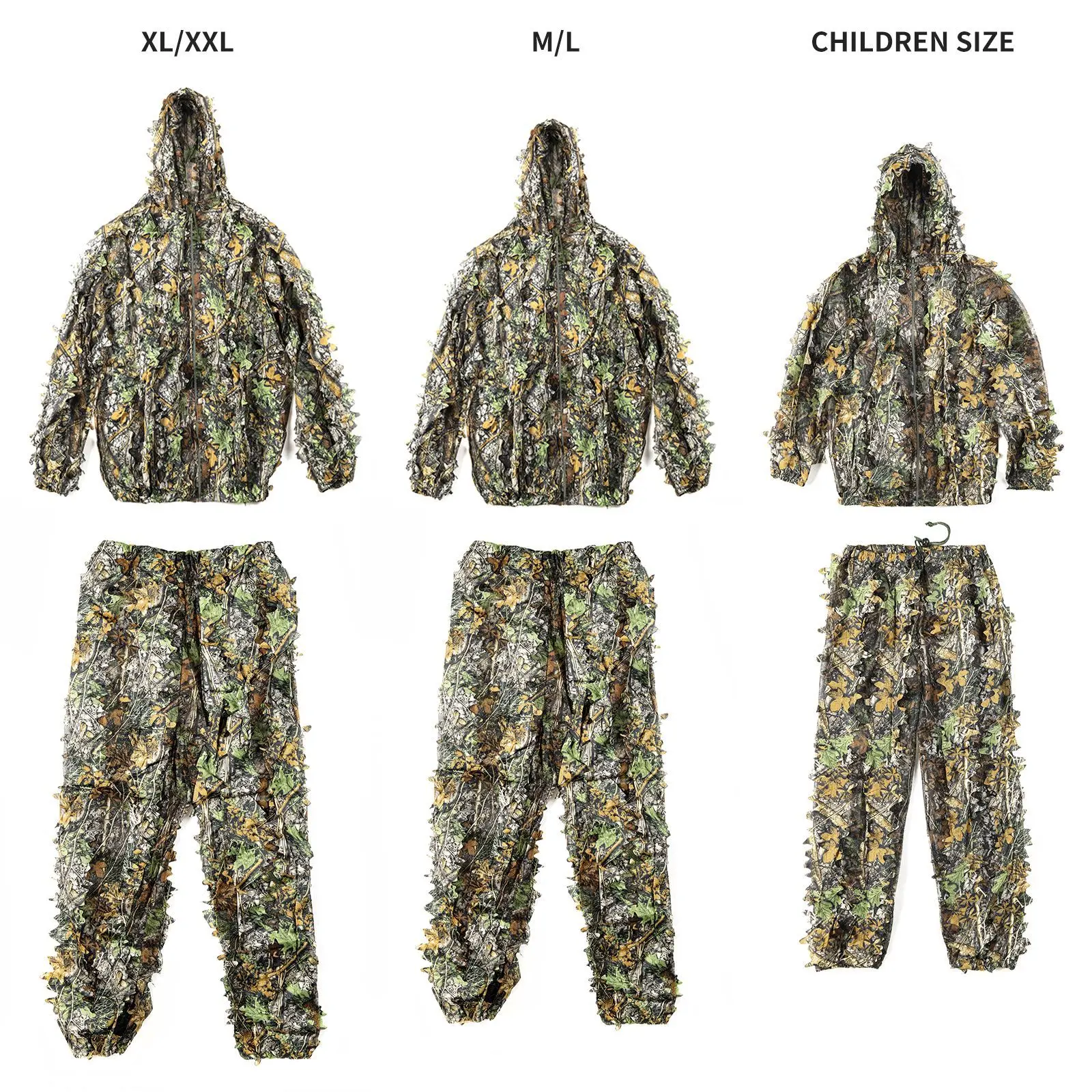 Tactical Outdoor 3D Maple Leaf Bionic Camouflage Ghillie Suit Jungle Clothing Set Pants Hooded Jacket for Kids Men Women Hunting