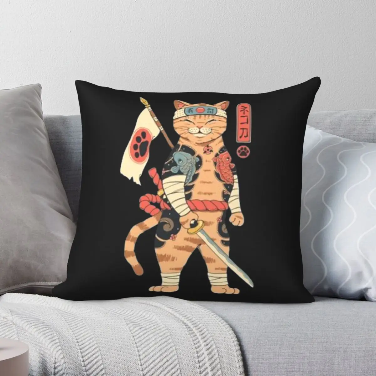 Catana Greeting Samurai Cat Square Pillowcase Polyester Linen Velvet Pattern Zip Decor Sofa Seater Cushion Case Wholesale