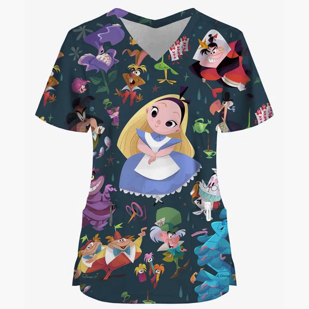 Nursing Uniforms Disney Princess Print Medical Working Clothes Women Men Beauty Salon Healthcare Short Sleeved Shirt Scrub Tops