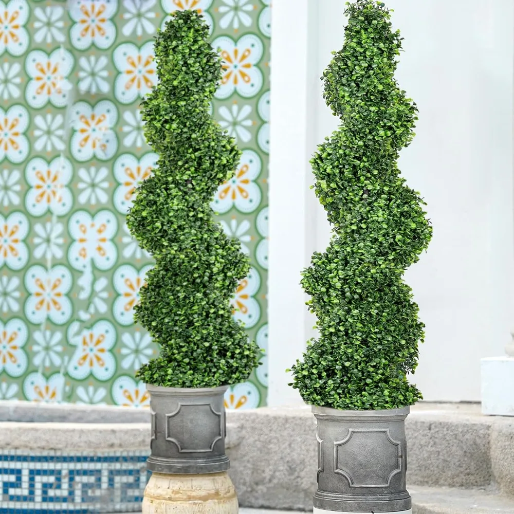 

4FT Artificial Spiral Boxwood Topiary Trees with Antique-White Roman-Style Planter - Outdoor&Indoor Year-Round Garden, Porch.