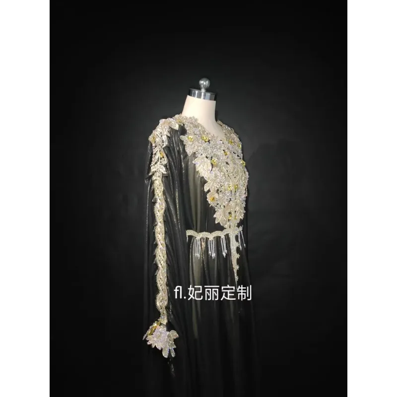 Abito da spettacolo con abito Haligi personalizzato, industria pesante, pieno di diamanti, in chiffon stampato a caldo, costume di danza del ventre esotico