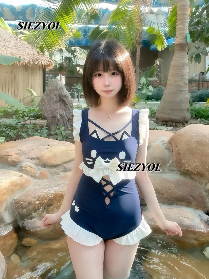 One-piece Swimsuit Summer New Original Lace Bow Sweet Cute Girl Ruffle Edge Seaside Sleeveless Swimming Suit for Women