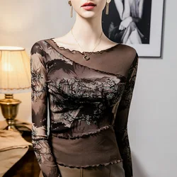 #4270 Spring Summer Vintage Printed Mesh Long Sleeve T Shirt Women Split Joint Streetwear Short Skinny T Shirt Sexy Tee Elastic