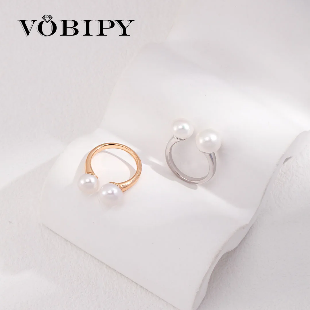 

VOBIPY 925 silver Pearl Ring For Two Pearls Open Ring 18K Gold Plated Natural Freshwater Cultured Pearl Adjustable Jewelry Gift