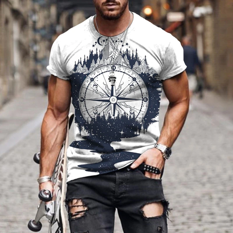 Men\'s Short Sleeve Round Neck T Shirt Fashion Vintage Summer Casual Loose Navigation Map Print T-Shirts Loose Plus Size XXL-6XL