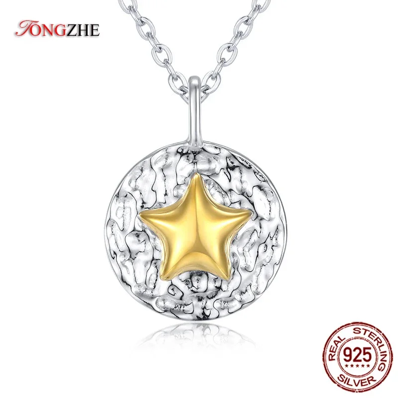 

TONGZHE Star Design 100% 925 Sterling Silver Pendant Necklaces Gold Color Ripple Round Charm Fine Jewelry for Women Best Friend