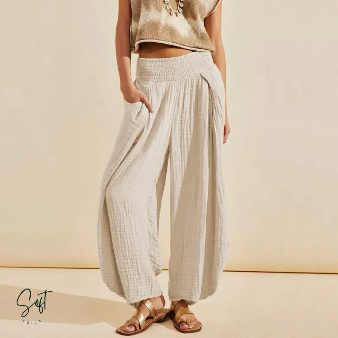 ارتفاع الخصر القطن المرأة السراويل مريحة عارضة واسعة الساق السراويل الربيع Faion تخفيف Sle كيت التفاصيل