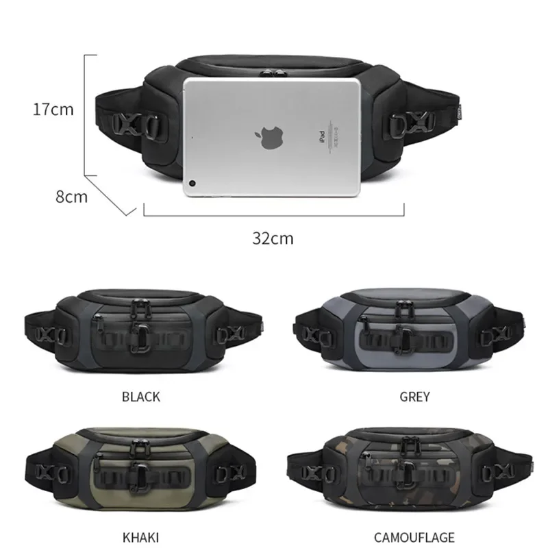 OZUKO 남성용 야외 스포츠 전술 패니 팩 허리 가방, 다기능 방수 가슴 가방, 남성 크로스 바디 가방, 패션