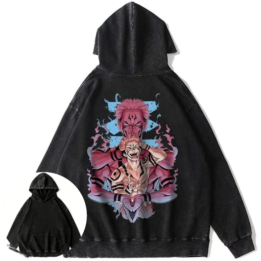 Mens Vintage Washed Cotton Hoodie Demon Slayer Anime Pink Haired Demons Back Graphic with Blue Flames Loose Y2K Hip Hop