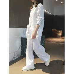 Linen Long Sleeve Shirt Pants Suit 100% Cotton Women's Set Wide Leg Pant Tracksuit Two Piece Set Loose Trousers Outfits Size XXL