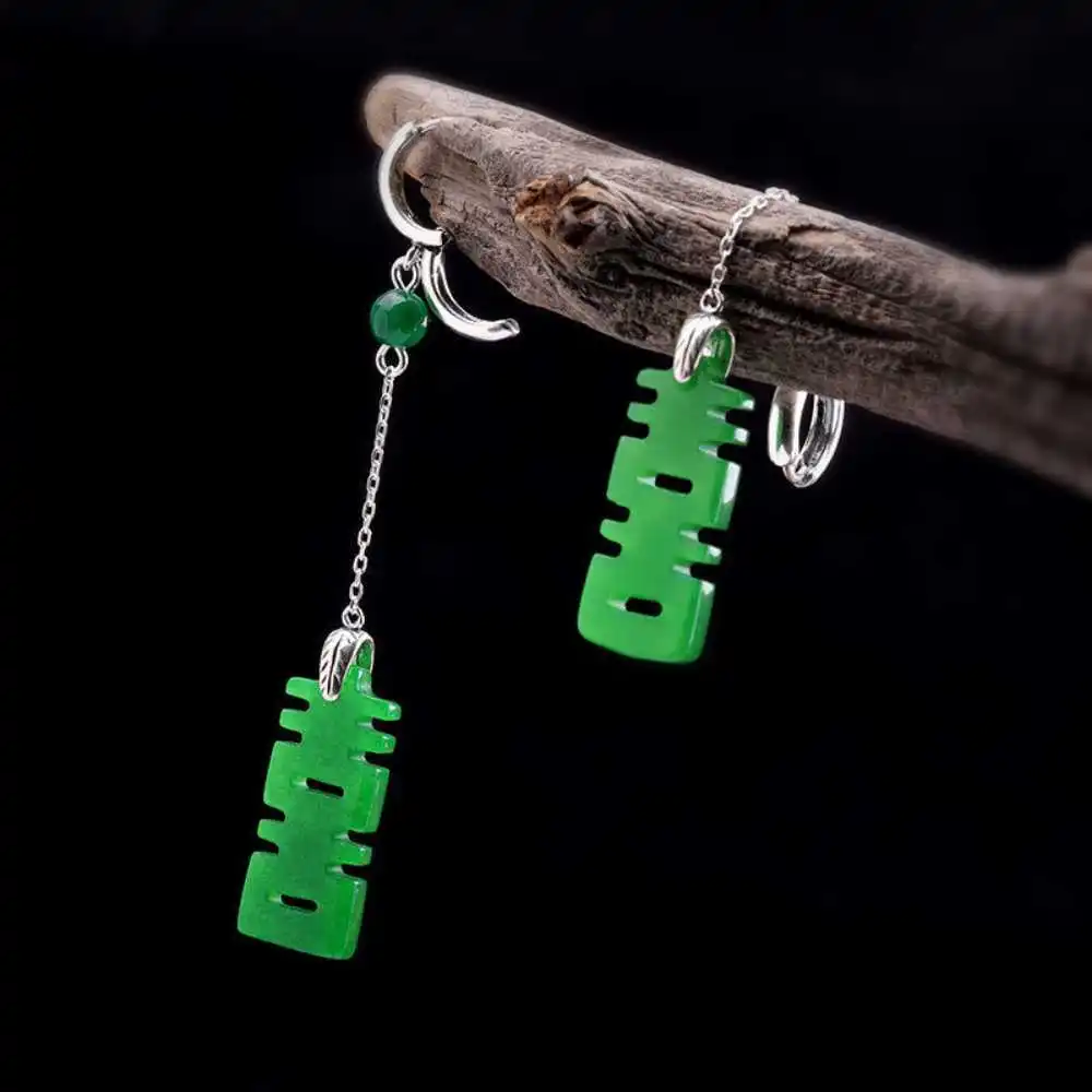 

Natural Jadeite Jade Earrings 925 Silver Chain Eardrop Jewelry Gift Lucky Wedding Women New