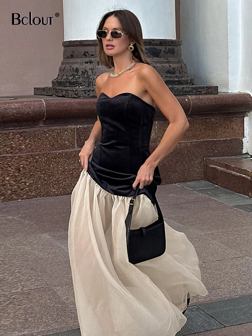 Bclout Fashion Patchwork Mesh Long Dress Women Elegant Velvet Strapless A-Line Dresses Vintage Transparent Party Dresses Female