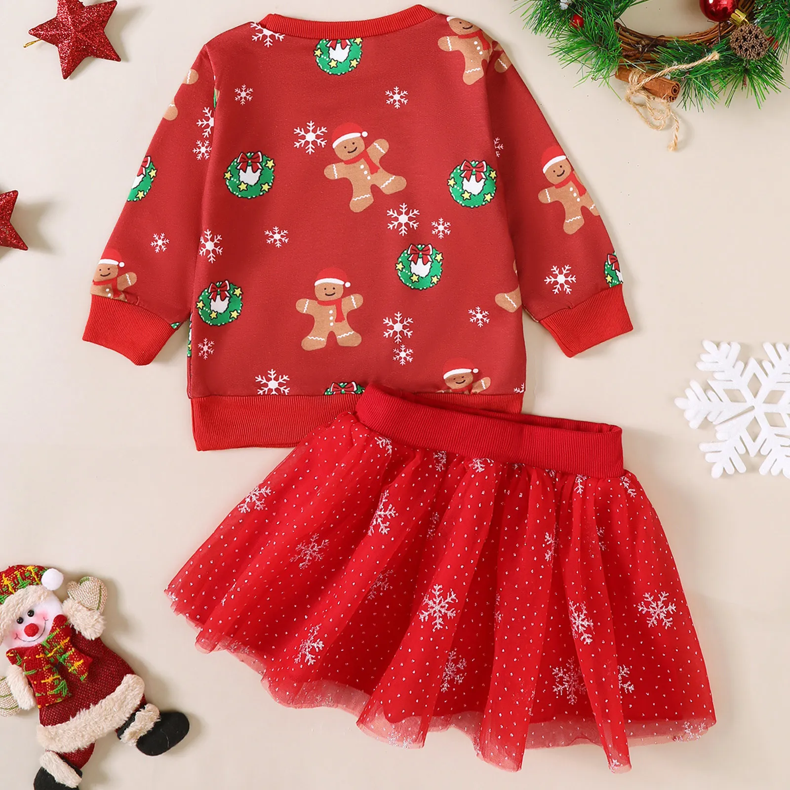 아기 소녀 크리스마스 옷 크리스마스 요소 인쇄 긴 소매 셔츠 풀오버 탑 프릴 메쉬 스커트 어린이 신년 파티 복장