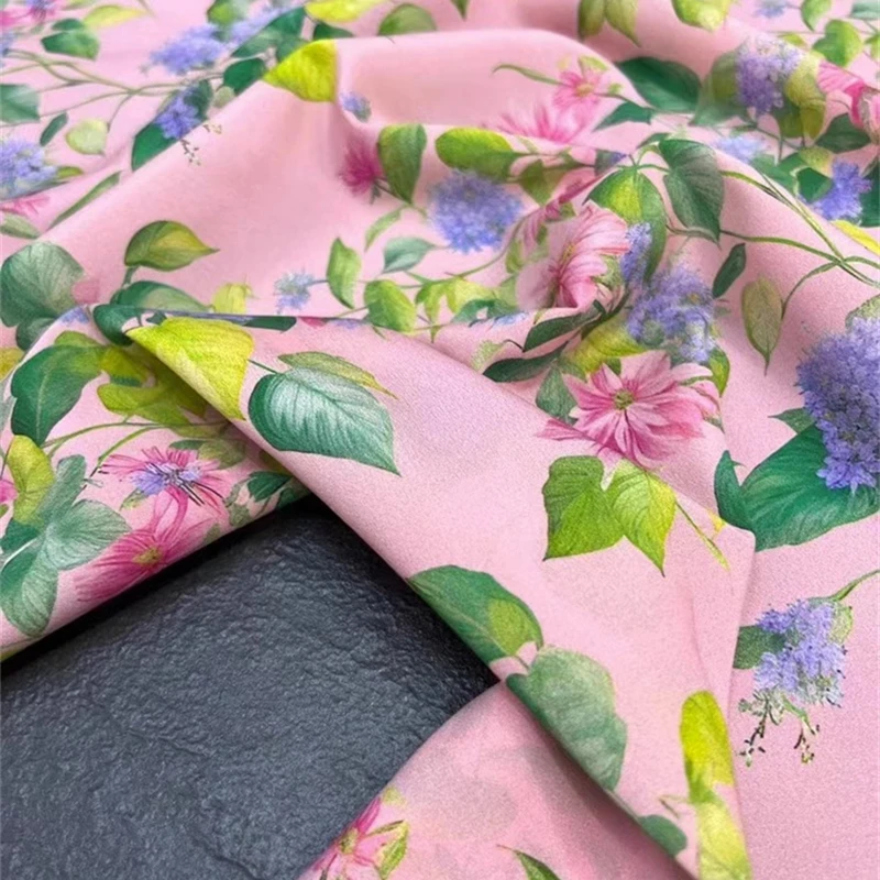 Classic Foundation Make-up Green Leaf Printing Elastic Crepe De Chine Silk Fabric Simple French Dress Shirt Clothing Silk Fabric