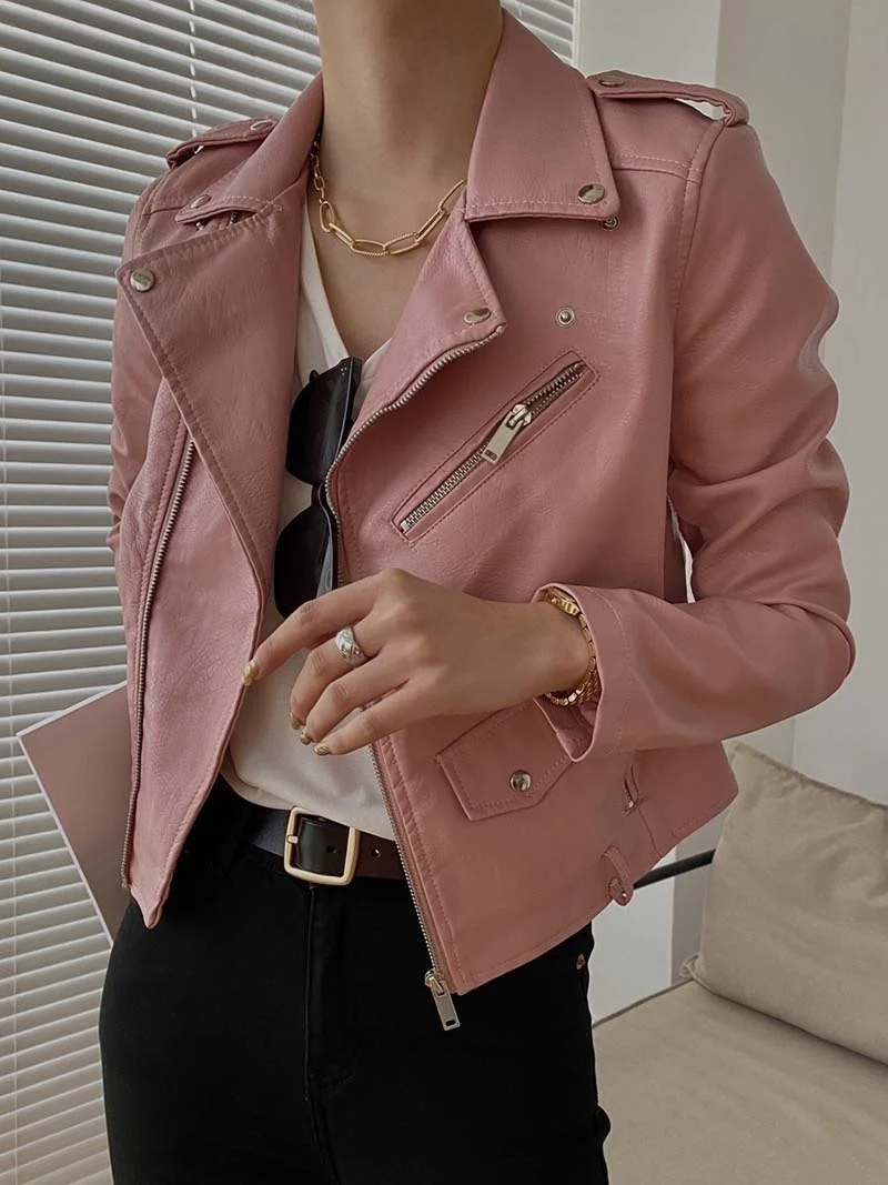 Women Short Coat Female Faux Leather Jackets PU Fashion 2023 Autumn Winter Turn-Down Collar Zippers Belt Motorcycle Gothic Punk