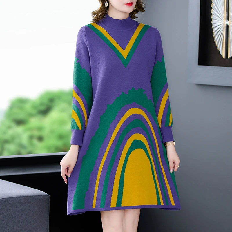 

Knitting Pullover Sweater Dress For Women Autumn 2024 New Casual Turtleneck Genmetric Patchwork Purple Knee-Length Vestidos