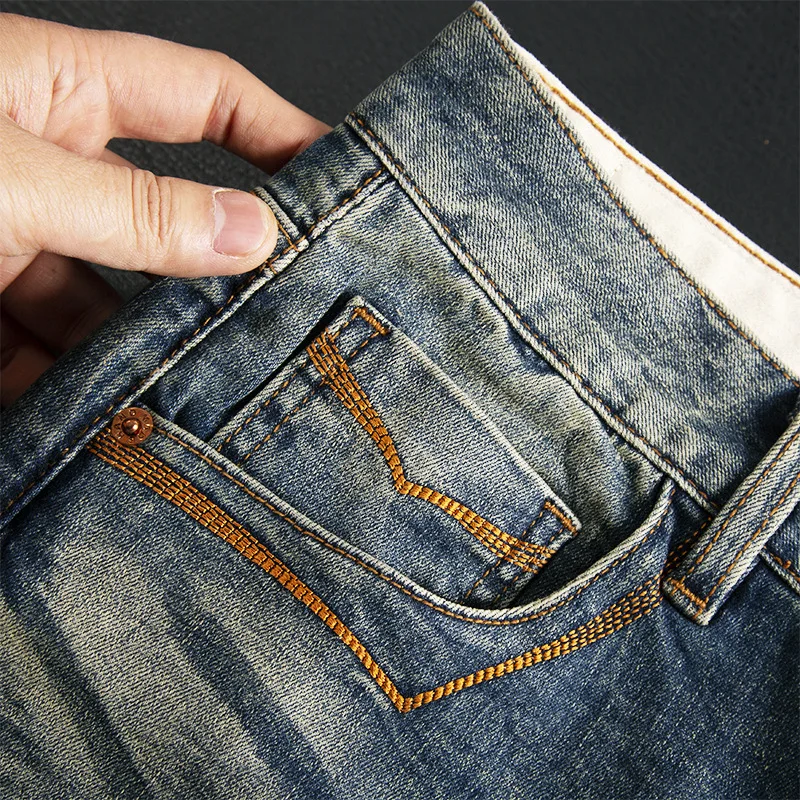 High end fashion nostalgic jeans men's retro washed slim straight tube classic embroidery casual denim pants