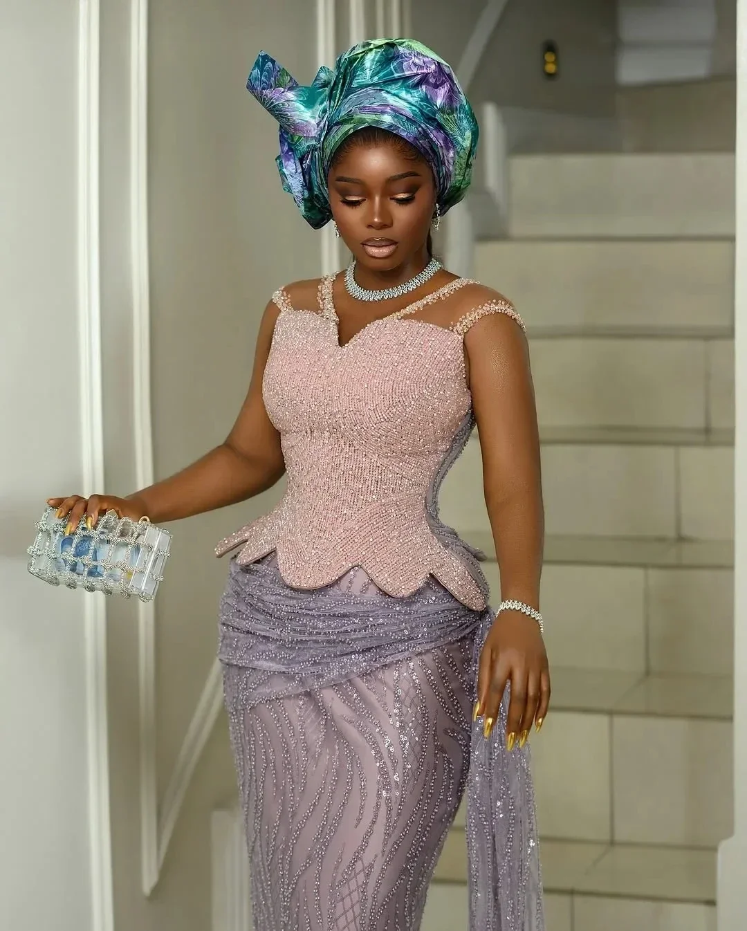 فستان سهرة فاخر من Aso Ebi بحورية البحر من الدانتيل والخرز الكريستالي للحفلات المسائية مثير برقبة على شكل حرف V بدون أكمام مناسبة رسمية فستان سهرة مخصص #3