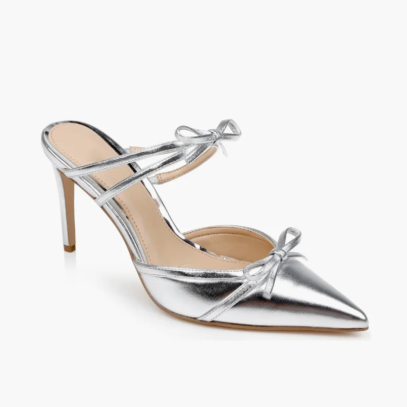 

Silver Patent Leather Rhinestone Bow Pointy Half Slippers For Women With Fine Heels And High Heels