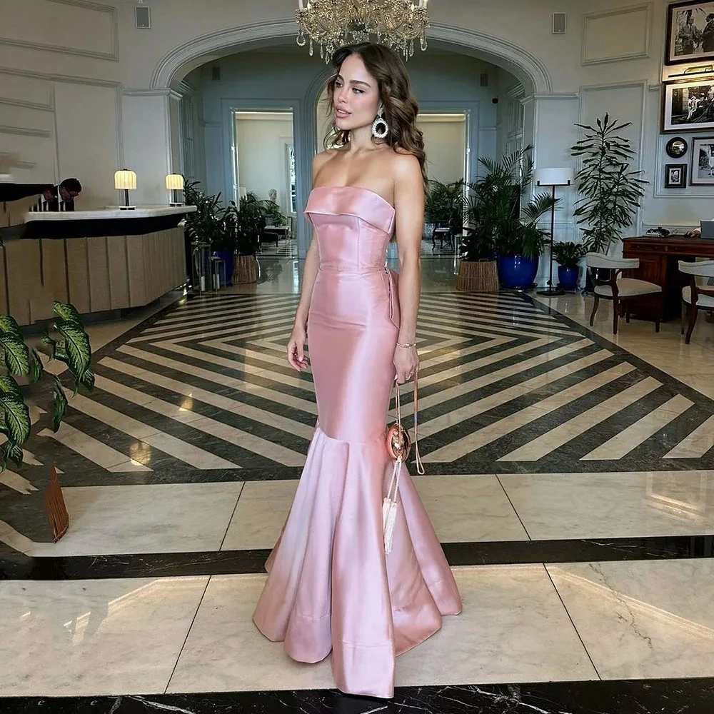 Mermaid Satin Formal Evening Dresses Strapless Women Guest Pleats Graduation Party Dress Prom Pageant Party Gowns Robe De Soiree