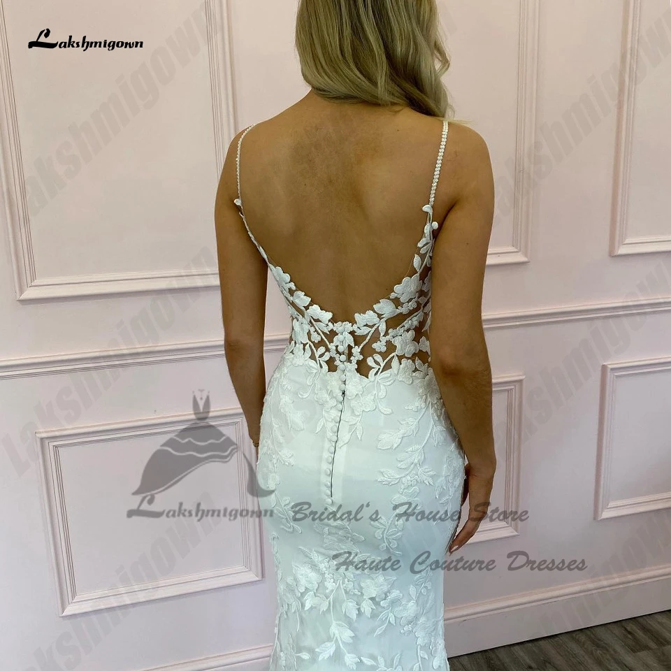 Lakshmigown Luxuriöse Meerjungfrauen-Hochzeitskleider Robe De Mariage 2026 Maßgeschneiderte Spitzen-Brautkleider Rückenfrei mit Spaghettiträgern – Detail 5