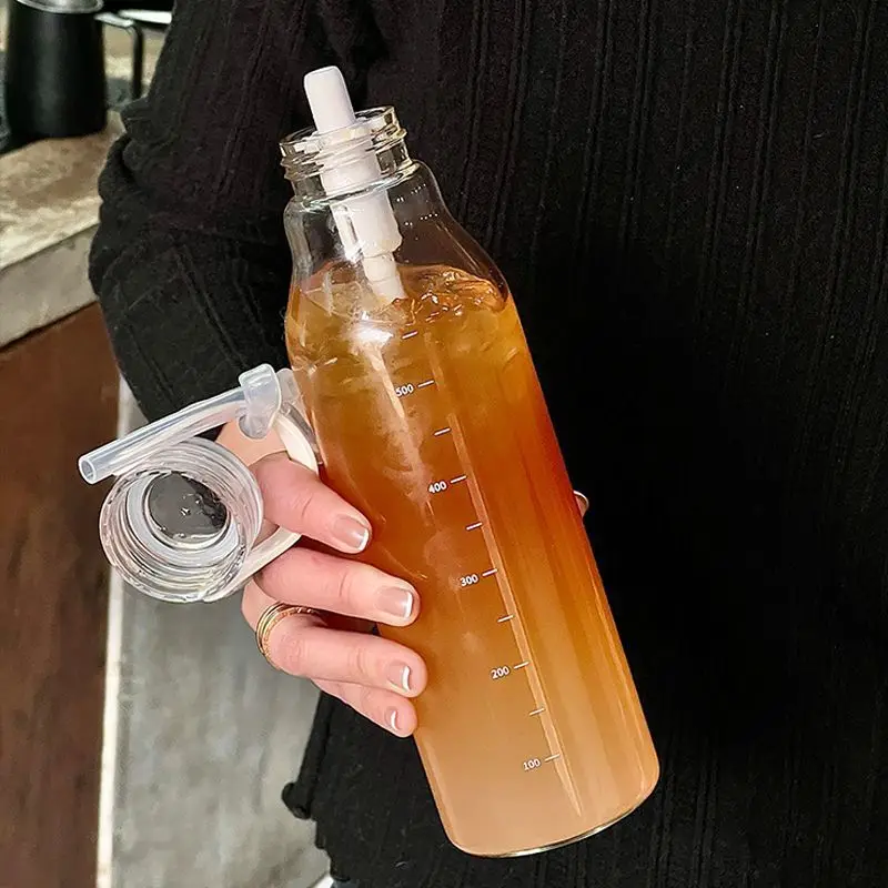 Portable Graduated Water Cup with Handle High Temperature Resistance Home High Borosilicate Straw Cup Heat-resistant Glass Cups