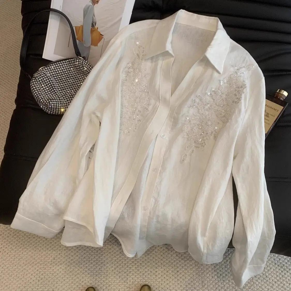 

French Temperament Lapel Embroidered Sequined White Shirt Early Spring New Fashionable Cardigan Long-sleeved Top