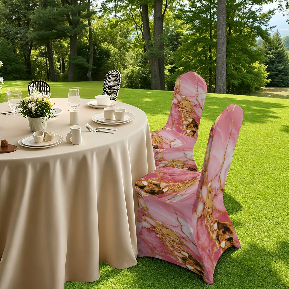 2D Elegant Pink Gold Marble Printed Stretch Chair Cover, Full Coverage Slipcover for Hotel/Home/Outdoor, Unive