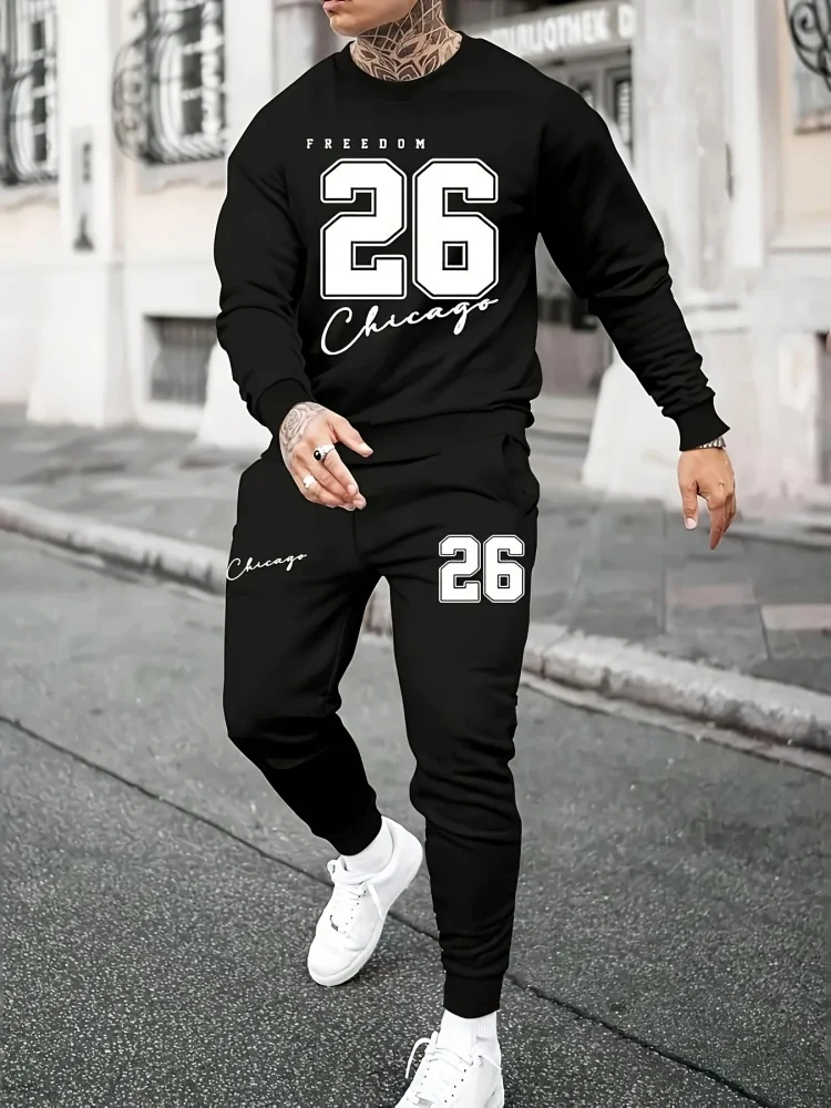 Men's Streetwear Set Crew Neck Breathable Long-Sleeve Top Casual Fashion Trousers Autumn Men's Fashion Streetwear Set