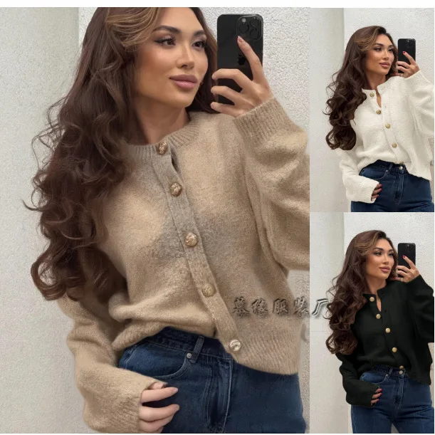Solid Color Knitted for Women Cardigan Korean Single Breasted Long Sleeve Jumper Woman Round Neck All Match Cardigans Outwear