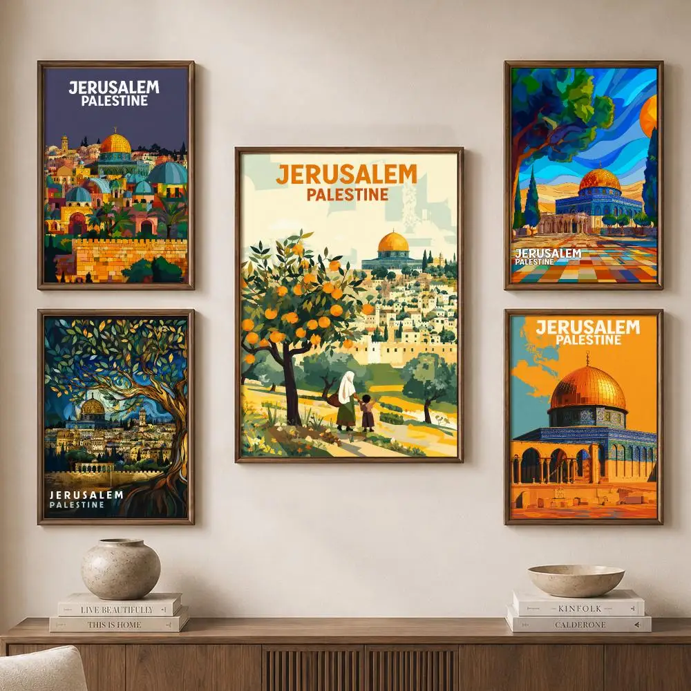Vintage Jerusalem Palestine Cityscape Travel Landmark Heritage Poster Modern Aesthetic Wall Art for Home Bar Cafe Bathroom Decor