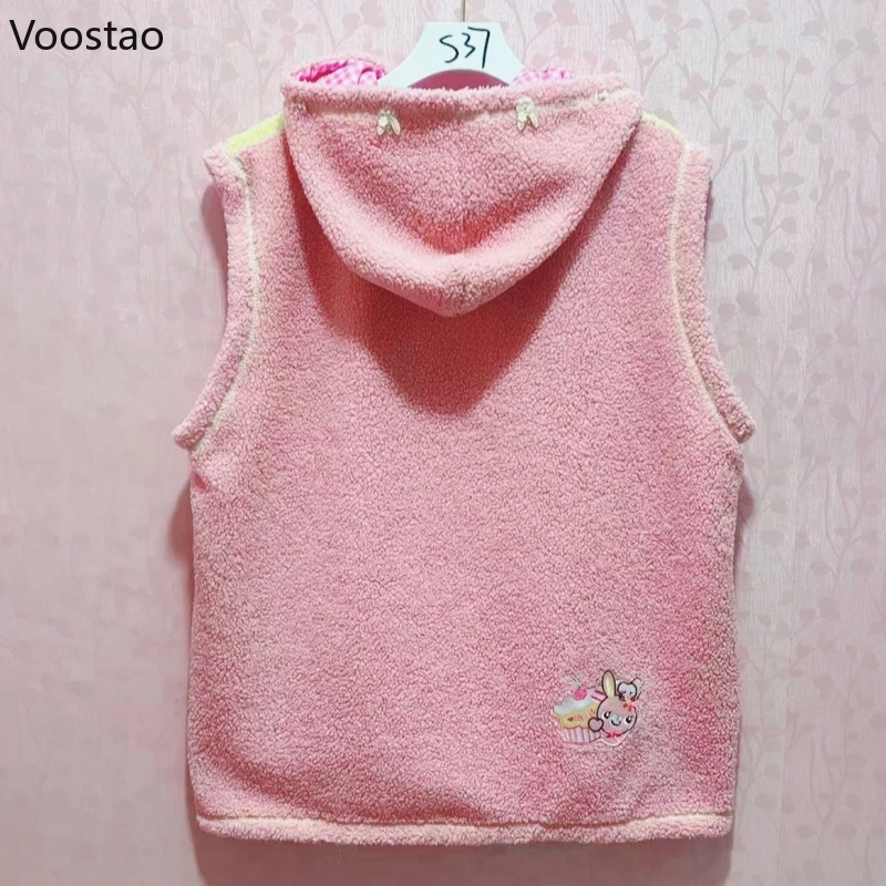 Y2k Aesthetic Sweet Lolita Vest Women Japanese Cartoon Bunny Embroidery Warm Plush Coat Harajuku Girls Hooded Jackets Waistcoat