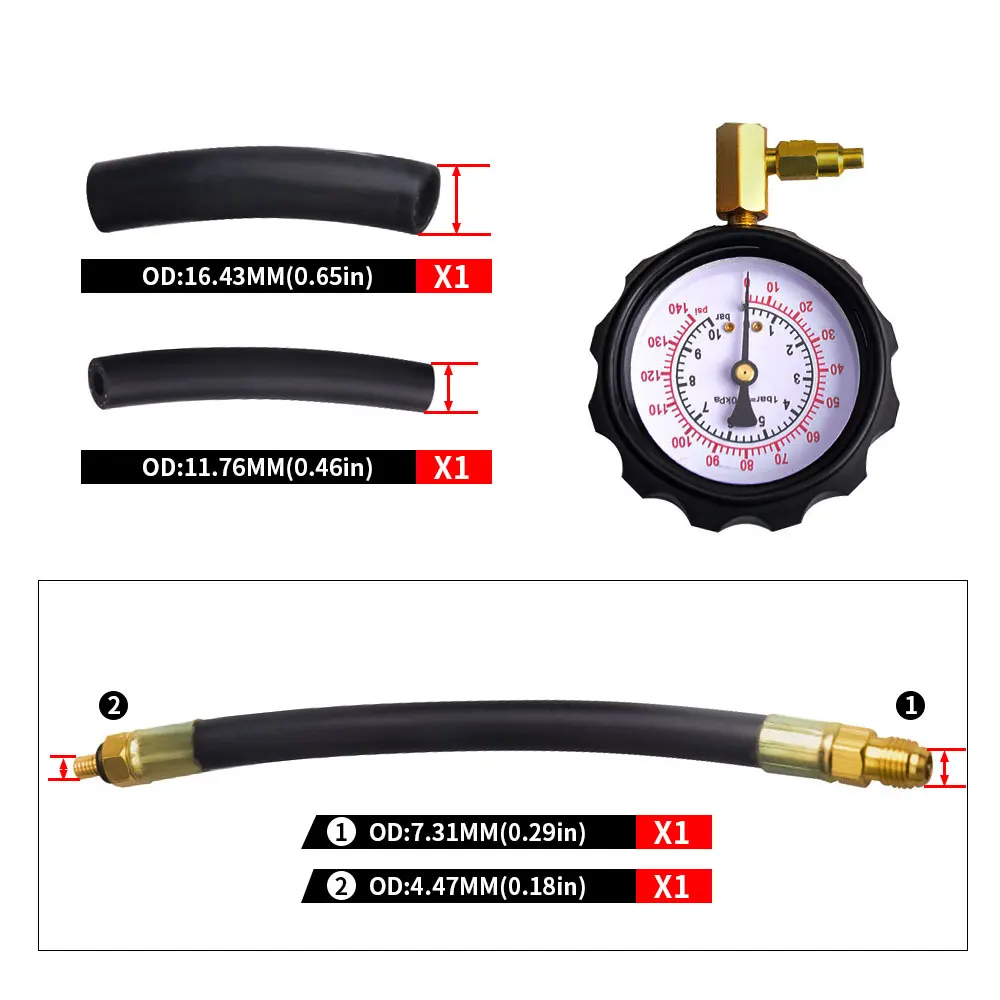 0~10 Bar Replaceable Compression Fuel Injection Pressure Gauge Car Diagnostic Tester Tools Kit with Valve and Drain Hose TU-114