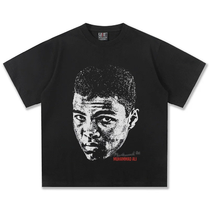 Camiseta Gráfica con Estampado de Retrato de Muhammad Ali para Hombre, 100% Algodón, Estampado de Ícono del Boxeo, Suave, Transpirable, Corte Holgado, Prenda Casual Esencial