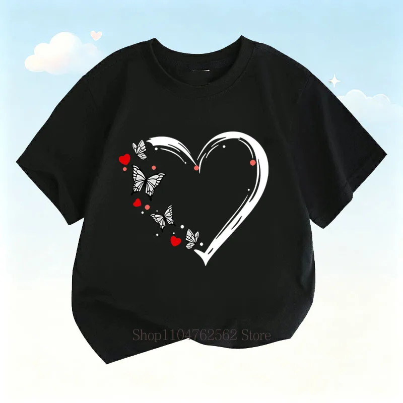 Heart Shape Graphic Print Children T-shirts Girls Casual Fashion Colorful Cute Funny Tops Kids Crew Neck Short Sleeve Tees