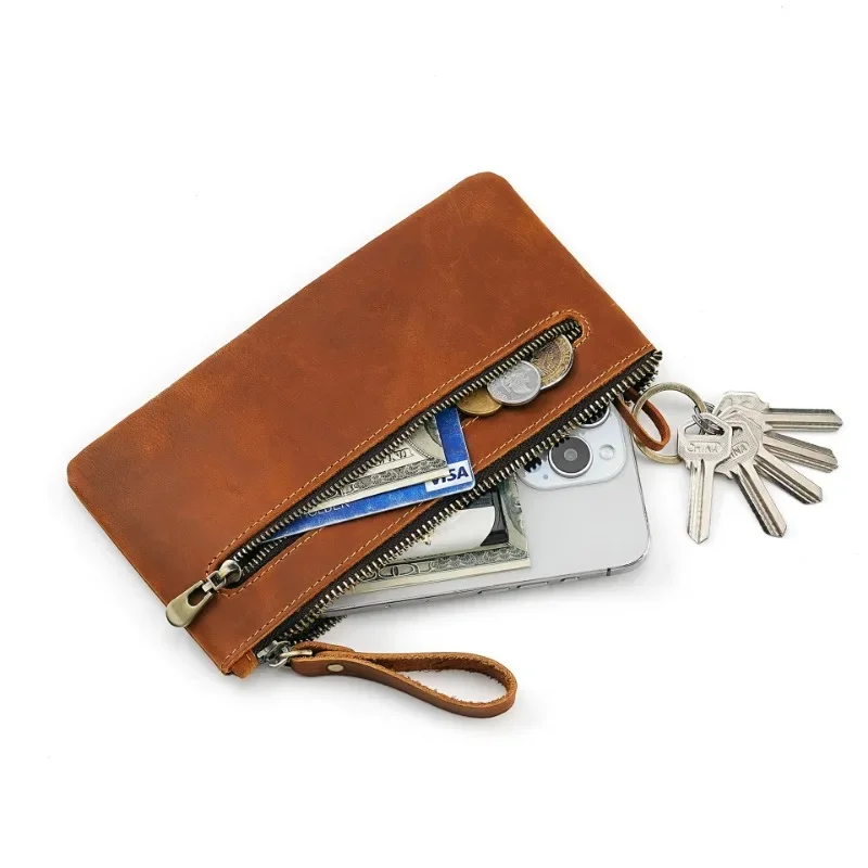 

Мужской кожаный пенал Crazy Horse, винтажный кошелек из натуральной кожи на молнии, чехол для ручек в стиле ретро, маленькая сумка для денег, мужской длинный кошелек