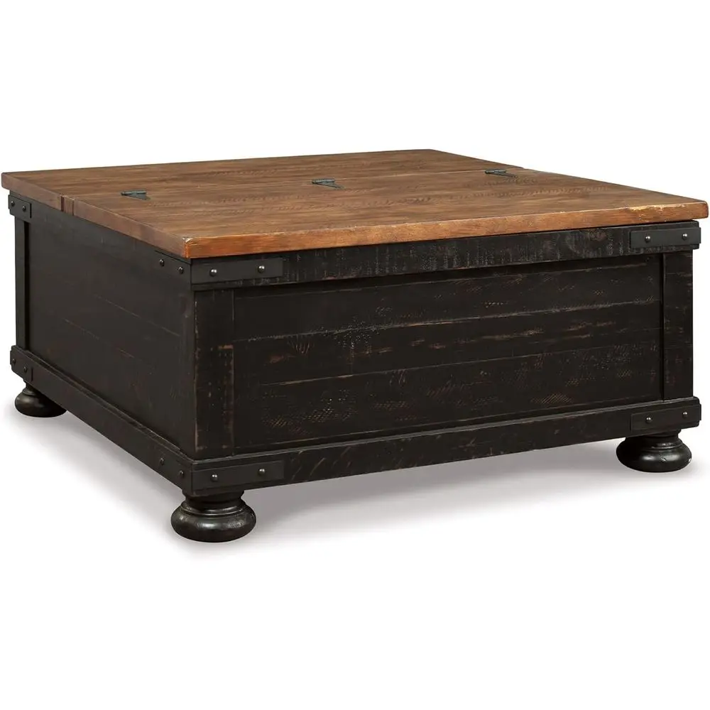 

Split-Top Wooden Coffee Table with Storage, 36x36x18 inches, Distressed Brown & Black Finish