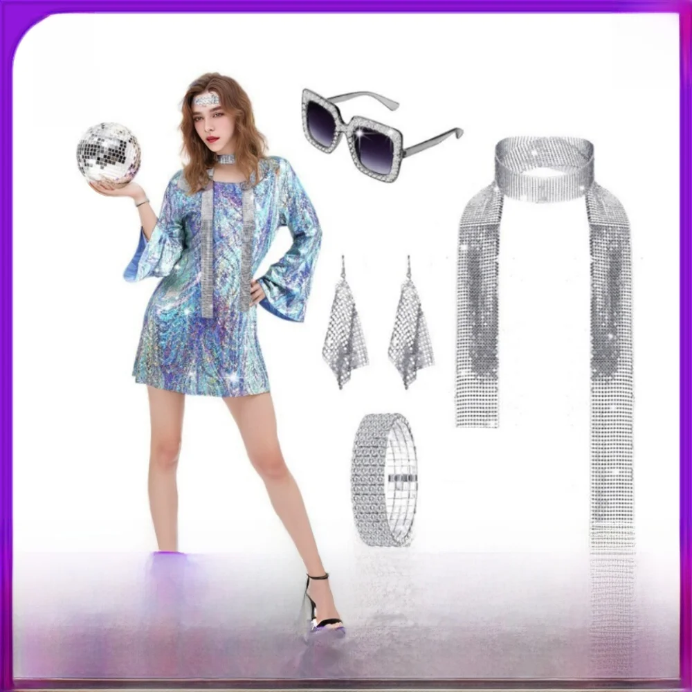 Kostium damski na Halloween, cekiny, brokat, złoto, styl hippie, strój sceniczny, na dyskotekę, producent chiński