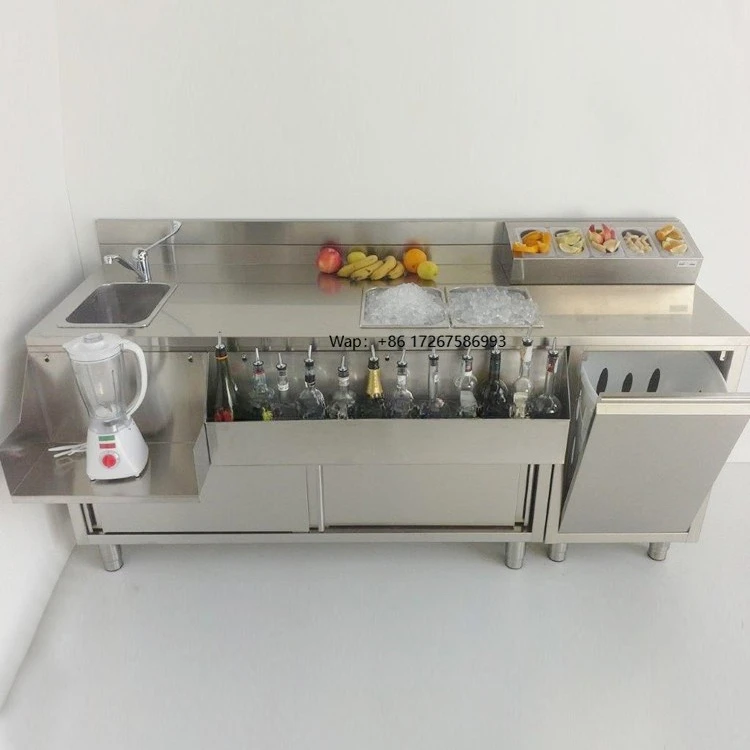 Stainless Steel Drink Bar Interior Cocktail Bar Station Design Bartender Station with Chilled Bottle Storage