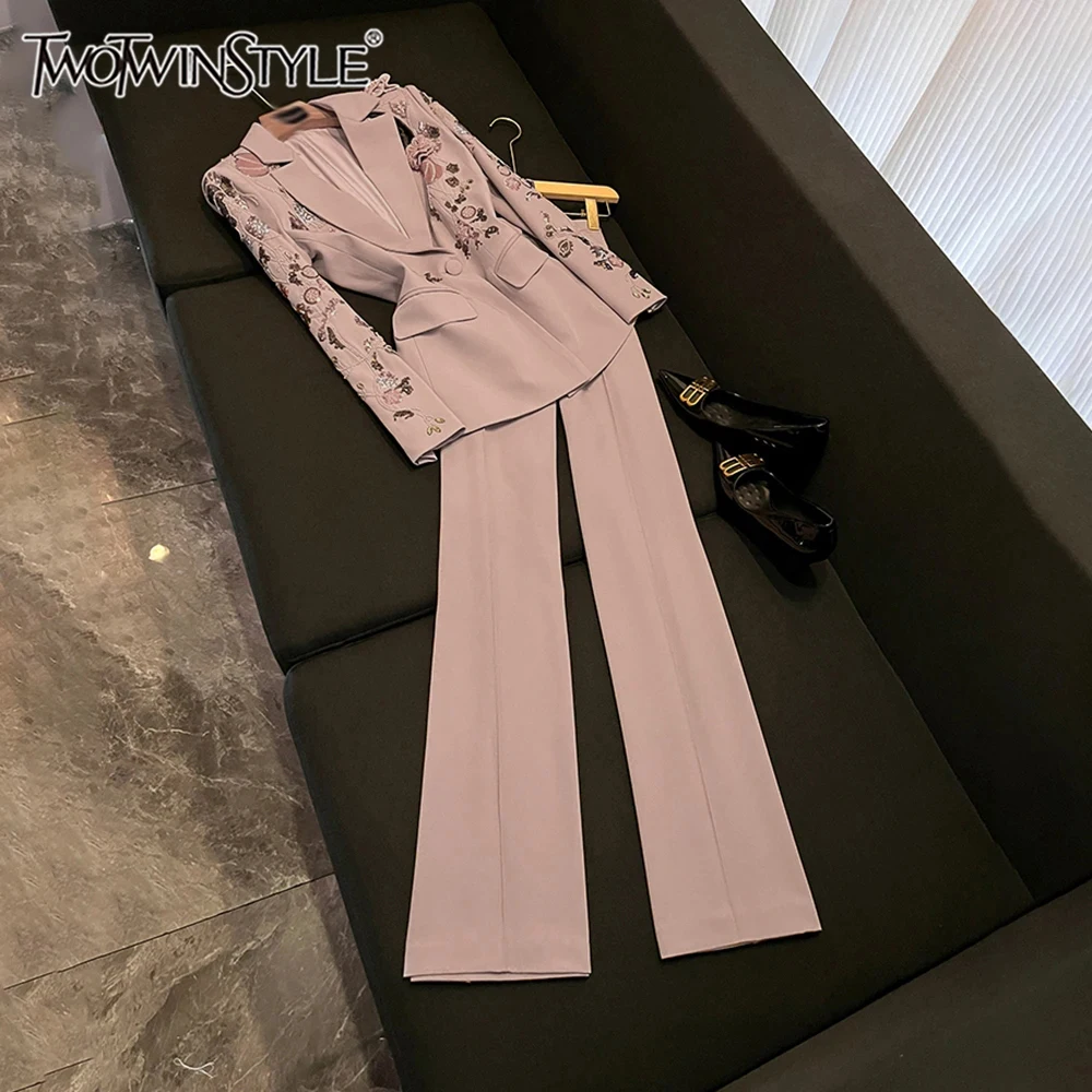 

TWOTWINSTYLE Elegant Two Piece Sets For Women V Neck Long Sleeve Printing Top High Waist Pants Chic Set Female Fashion KSE542514