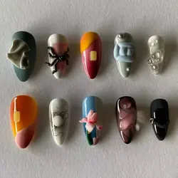 10Pcs Handmade Manicure Medium Almond Fake Nails 2024 New Cute Spider Limited Press On Nails Design with Adhesive Nail File Set