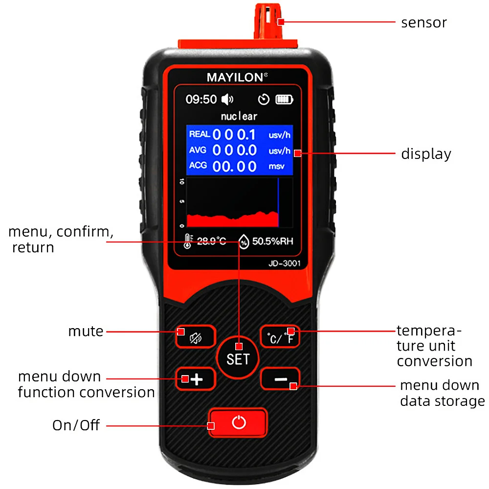 JD-3001 Radiation Dosimeter Geiger Counter Nuclear Electromagnetic Radiation Detector Meter Temperature And Humidity Measurement